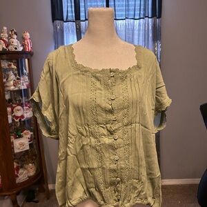 In Bloom Olive Button-Front Blouse